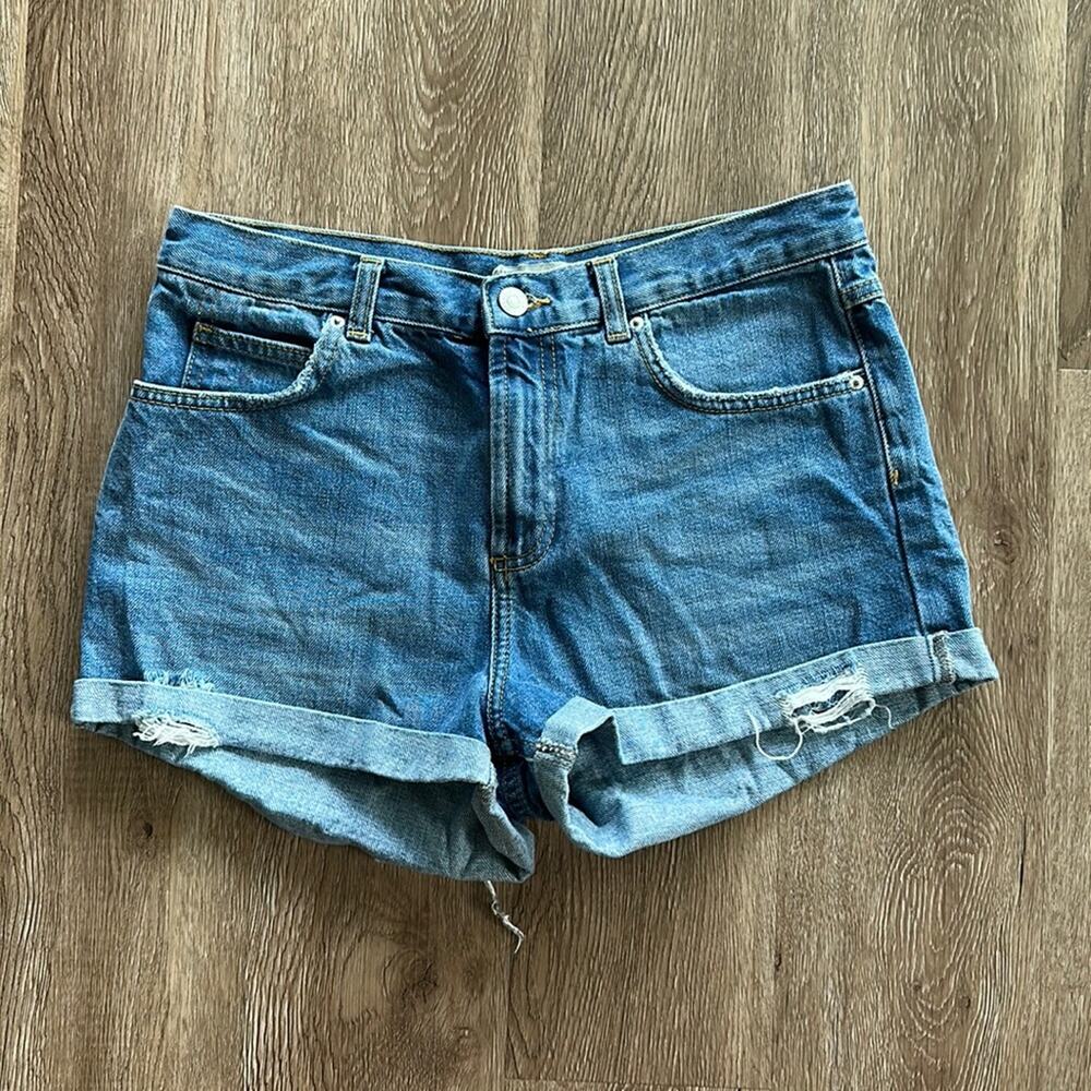 Topshop‎ Moto Rosa High Rise Denim Shorts Size 8 Rolled Hem Distressed
